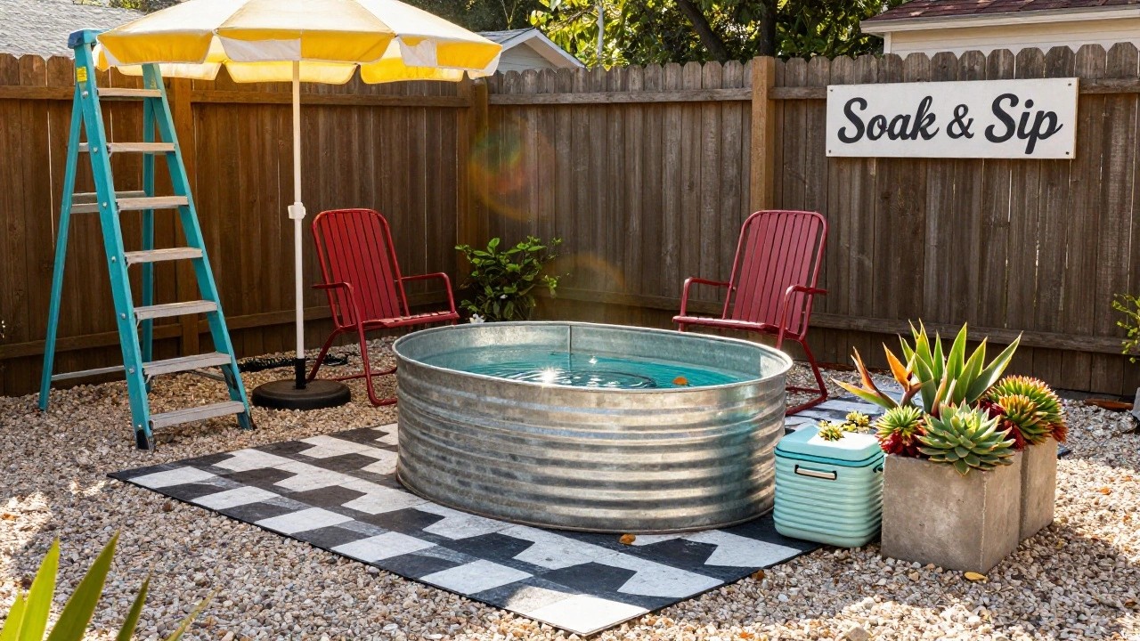Backyard poolside lounge area with two red metal chairs under a yellow and white striped umbrella, turquoise metal tub planter filled with agave plants, blue enamel bucket, geometric outdoor rug on gravel ground, and wooden 'Soak & Sip' sign on fence.