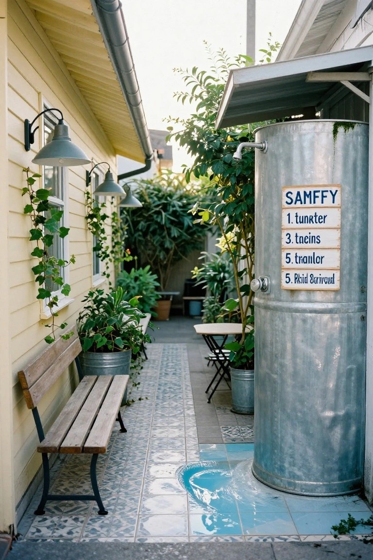 Narrow outdoor alley between yellow buildings with ivy-covered walls, lush greenery, wooden bench, metal watering cans, small table and chairs, and tall galvanized tank with shower head and handwritten labels standing on blue tiled floor with water puddle.