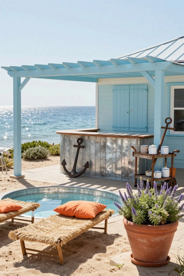 Blue beach bungalow under wooden pergola with galvanized tin bar featuring large anchor, adjacent hot tub with orange cushions on rattan loungers, potted lavender plant, beverage cart, sand ground, and ocean view.