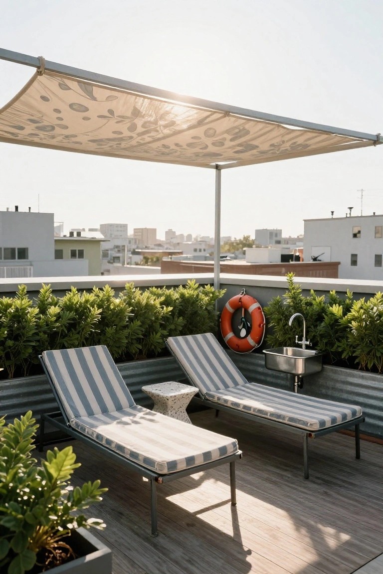 Rooftop deck with two striped lounge chairs next to corrugated galvanized metal planters filled with green boxwood hedges and a stainless steel sink with faucet, orange life preserver mounted on wall, beige shade canopy overhead, and city buildings in background.