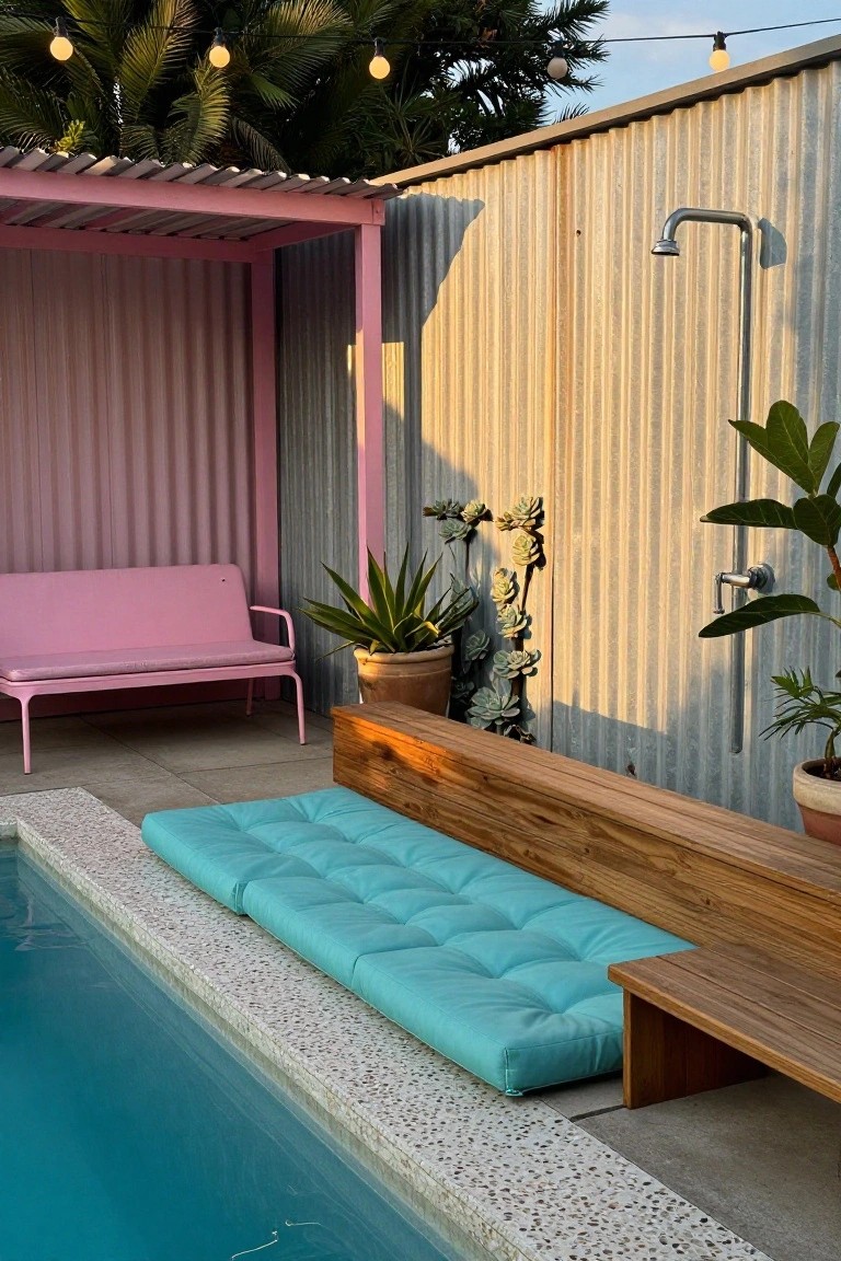 Poolside view showing a pink corrugated metal pergola with a pink bench inside, turquoise cushions on a wooden bench by the pool edge, potted plants, an outdoor shower on a metal fence, string lights overhead, and palm trees.