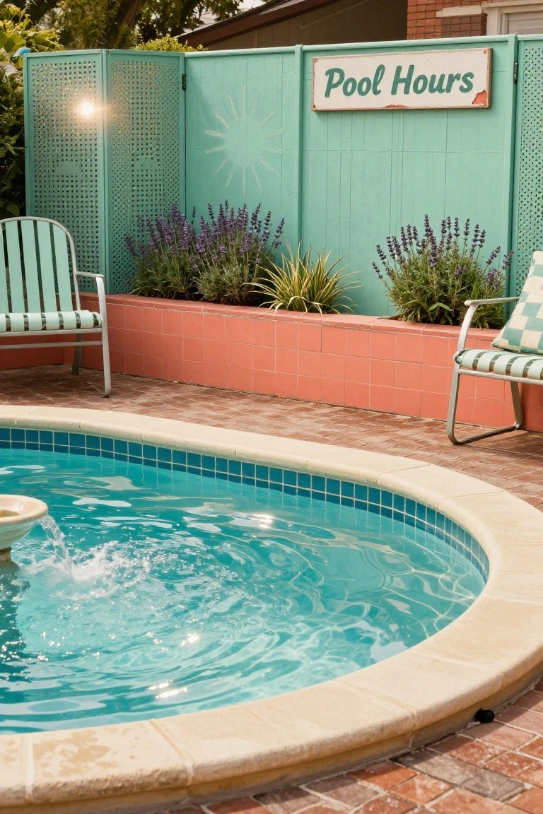 Oval blue-tiled pool with fountain in center, turquoise perforated metal privacy screens, green metal lounge chairs, raised orange brick planter with lavender and grasses, turquoise wooden fence with Pool Hours sign.