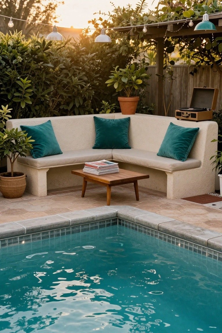 L-shaped beige stucco bench with turquoise velvet cushions and low wooden coffee table next to turquoise pool edge, potted plants, record player, string lights, and greenery in backyard at sunset.