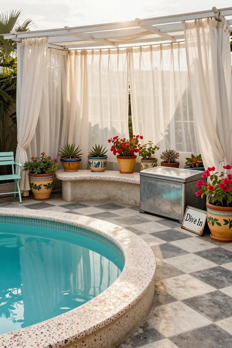 Turquoise-tiled pool edged in white stone, with a white pergola draped in sheer curtains, potted plants in colorful ceramics, a concrete bench, green chair, silver metal box, and Dive In sign on a checkered tile patio.