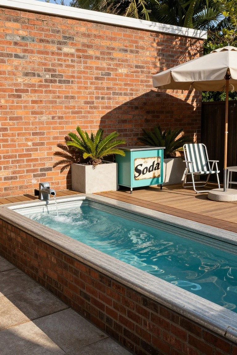 Narrow turquoise rectangular plunge pool against brick wall with running faucet, turquoise vintage soda bar cart with sign, potted plants, striped lounge chair, beige umbrella, and wooden deck.