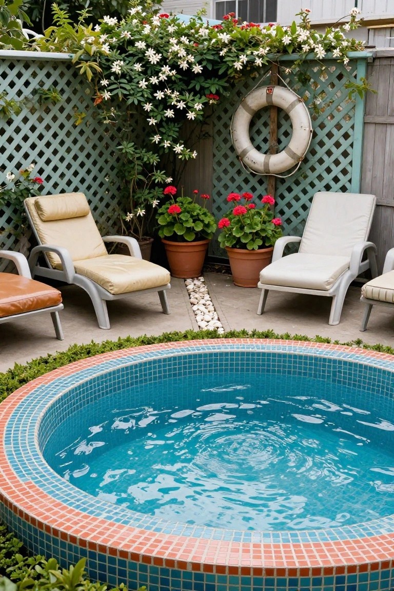Round blue mosaic-tiled hot tub in a backyard surrounded by white and beige lounge chairs, potted red geraniums, white star jasmine climbing a green lattice fence with a white life preserver, and low greenery edging the pool.