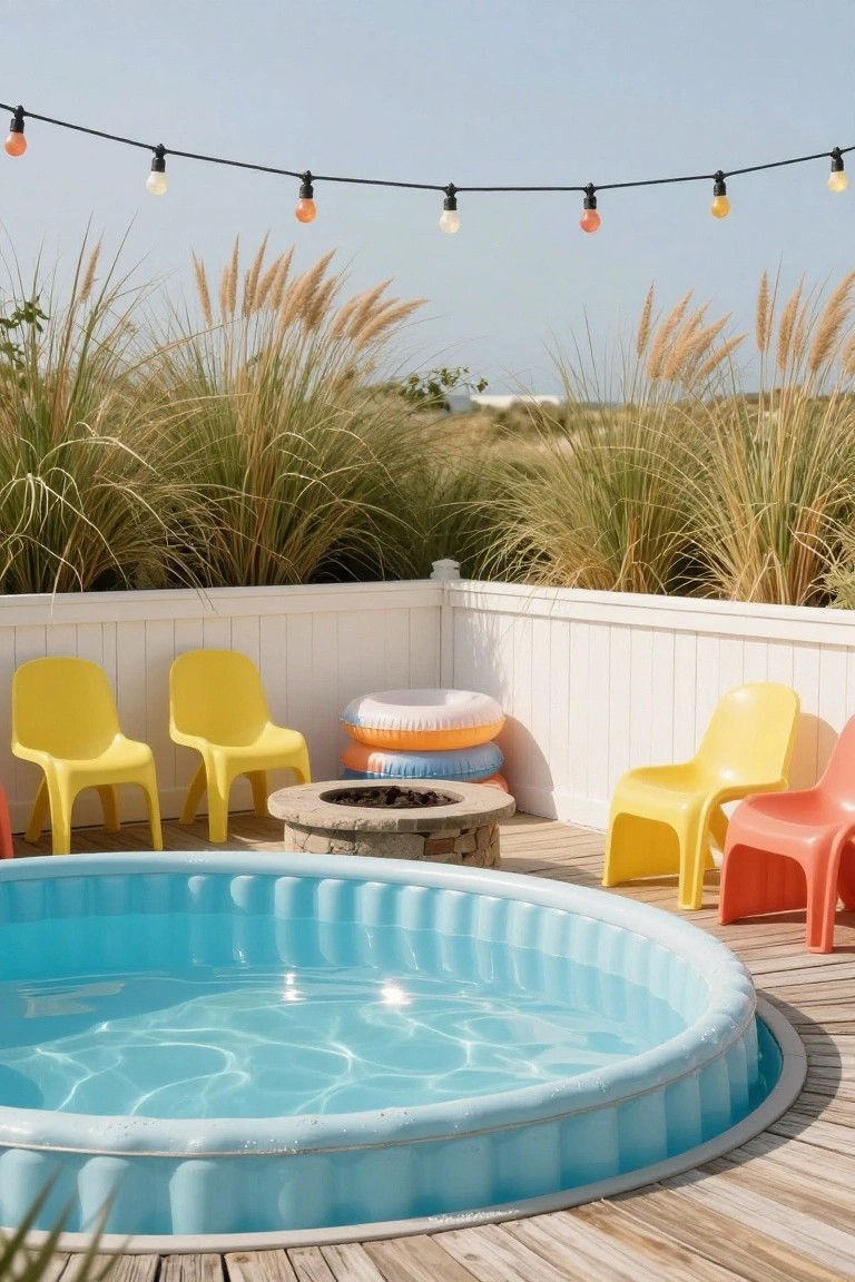 Blue inflatable pool on a wooden deck surrounded by yellow, orange, and pink plastic chairs, a stone fire pit with stacked colorful inflatable rings nearby, string lights overhead, tall ornamental grasses, and a white railing.