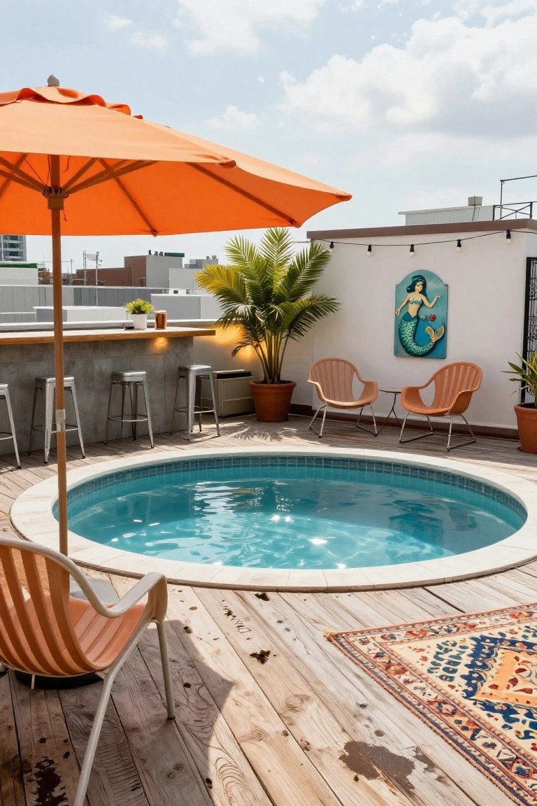 Rooftop terrace with round blue-tiled pool, orange umbrella beside it, wooden bar counter with metal stools, orange chairs, potted plants, palm tree, and mermaid wall art on white wall.