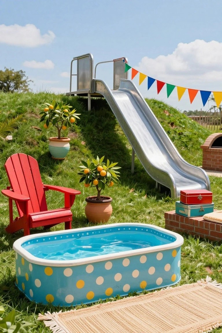 A small blue polka-dot metal pool on grass next to a silver slide on a grassy hill, with potted lemon trees, a red Adirondack chair, bunting flags overhead, a brick barbecue structure, and stacked metal boxes nearby.