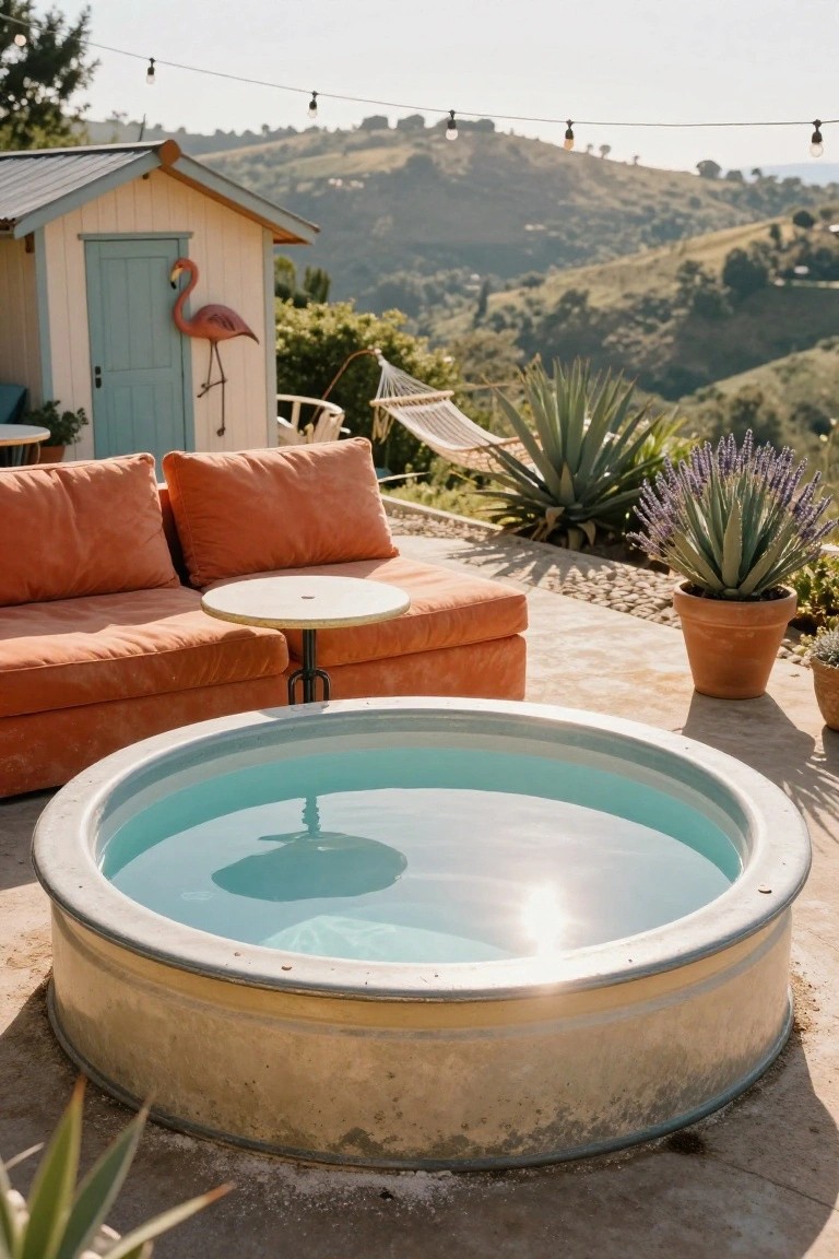 Galvanized stock tank pool filled with turquoise water on a stone patio, next to orange sofa cushions, round table, potted agave and lavender plants, hammock, and turquoise shed with pink flamingo decoration, against hillside backdrop.