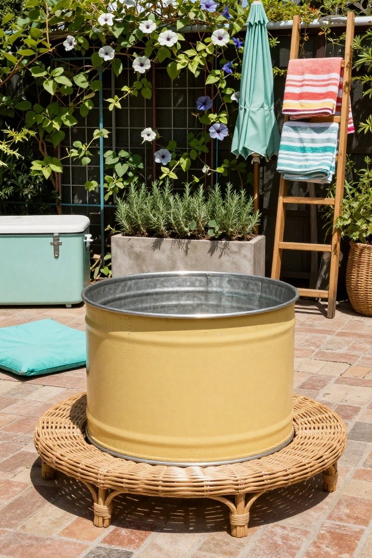 A yellow galvanized metal tub on a round wicker stand in a backyard patio with potted rosemary, hanging towels on a wooden rack, a turquoise cooler, and climbing vines on a fence.