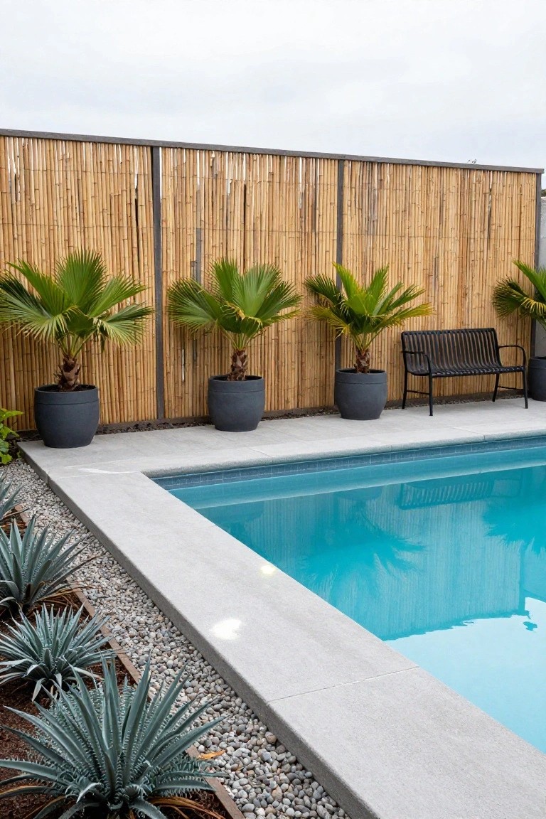 Turquoise in-ground pool with light gray concrete surround edged in white pebbles and blue agave plants, large black pots holding fan palms against a tall bamboo fence with dark metal frame, and a black metal bench positioned beside one pot.