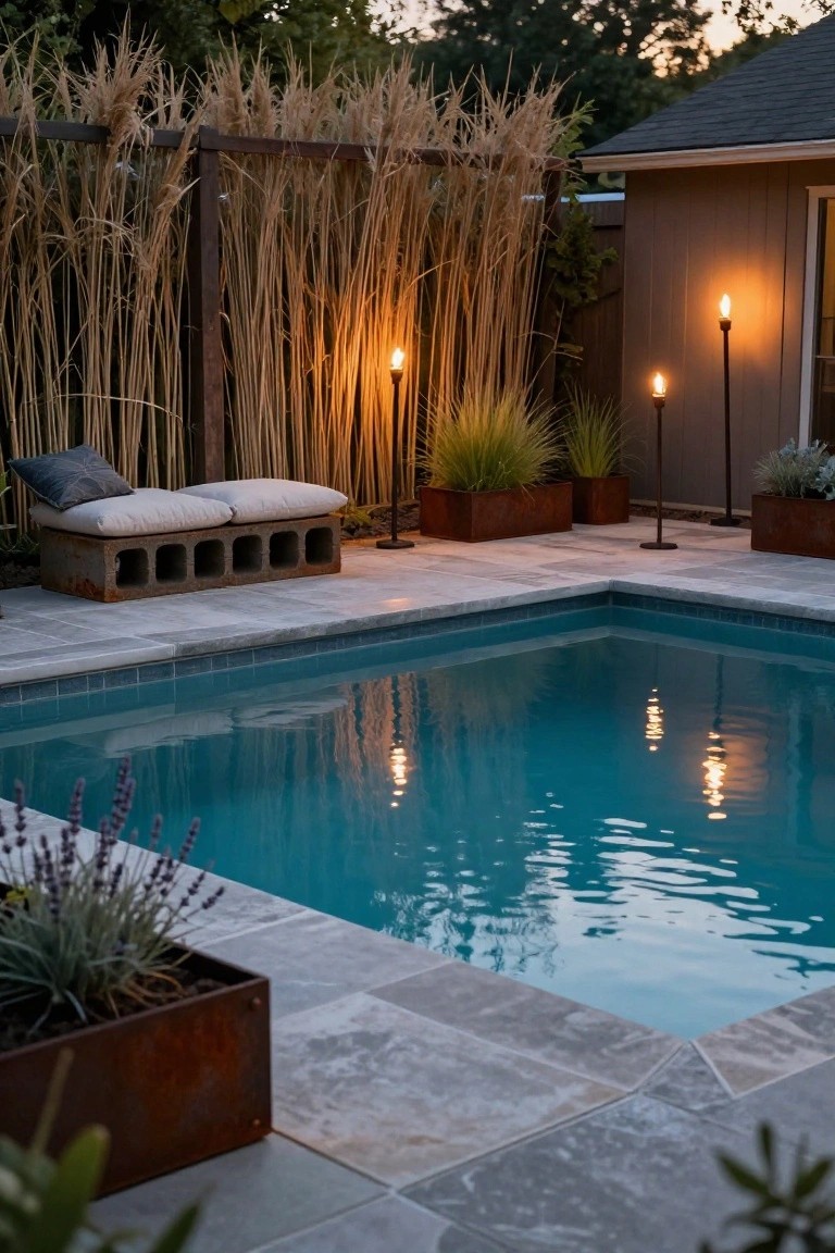 Corner of a turquoise rectangular pool with paver decking, a low bench made from stacked concrete blocks topped with white cushions and pillows, metal planters with lavender and grasses nearby, tall pampas grass screen and tiki torches in the background at dusk.