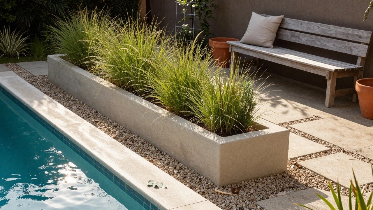 Rectangular turquoise plunge pool with beige stone coping, surrounded by pebble mulch, stone pavers, concrete block planters with grasses, potted plants, and a wooden bench in a backyard setting.
