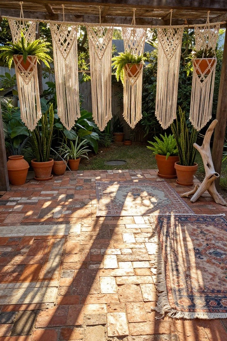 Wooden pergola with white macrame plant hangers holding ferns in terracotta pots, potted plants around a brick paver patio with a patterned rug and driftwood sculpture.