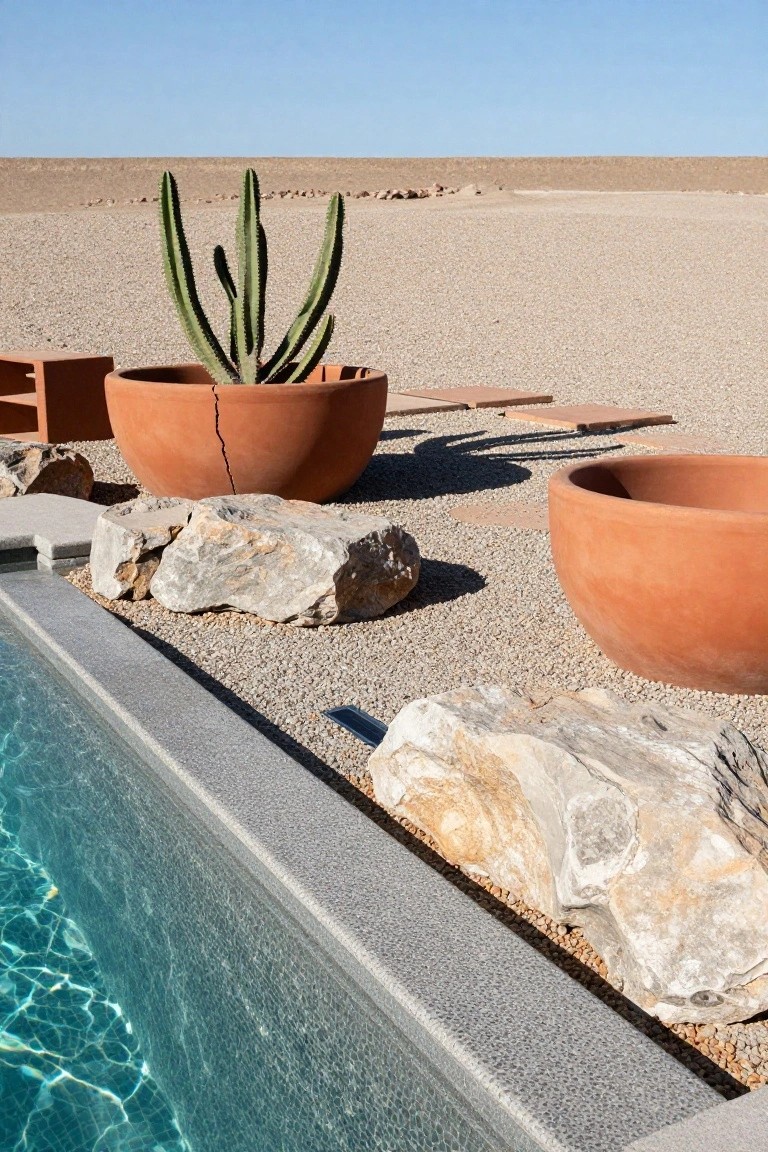 Poolside landscaping featuring large terracotta pots with cacti plants, stacked white boulders, gravel ground cover, and desert horizon in the background.