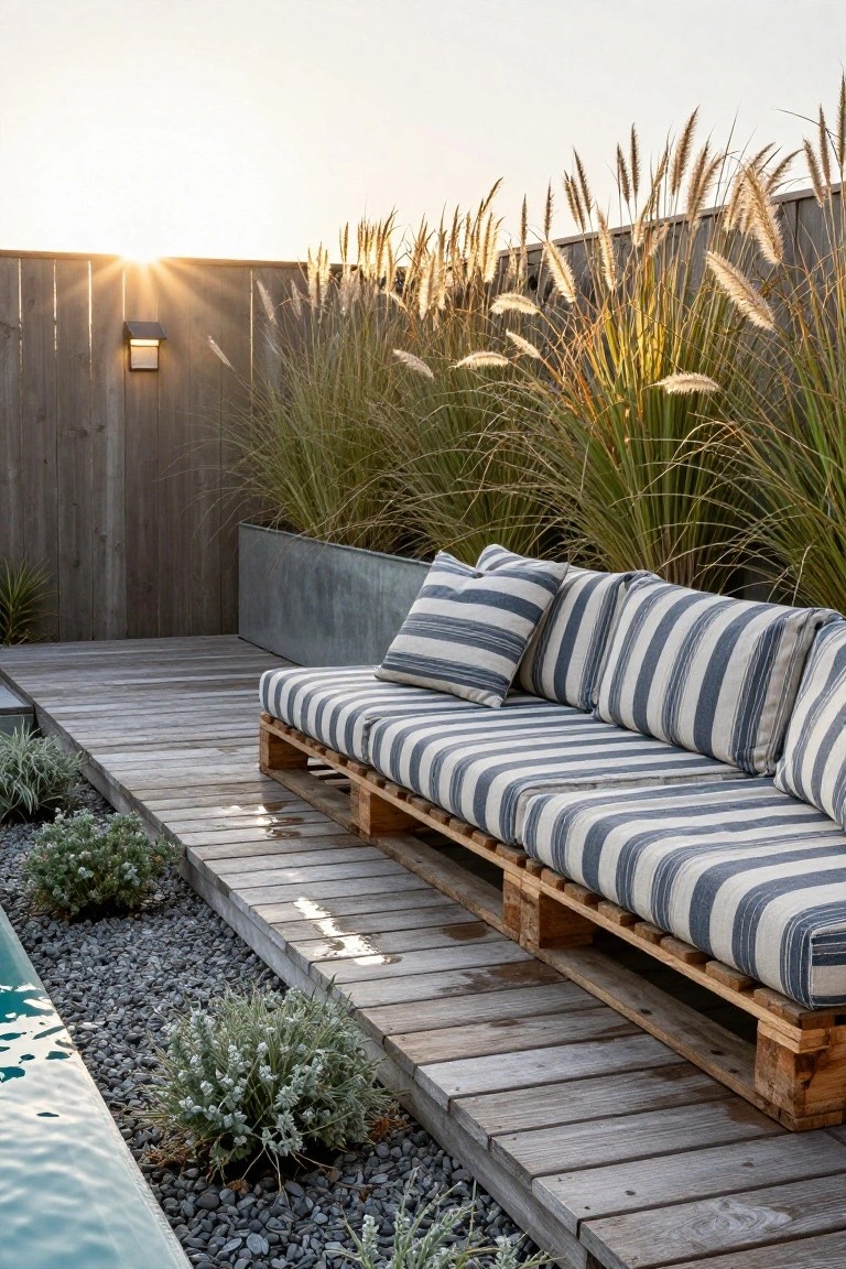 Wooden pallet sofa with blue and white striped cushions on a deck beside a pool, with tall ornamental grasses in a metal planter, pebble ground cover, and low plants along the edge.