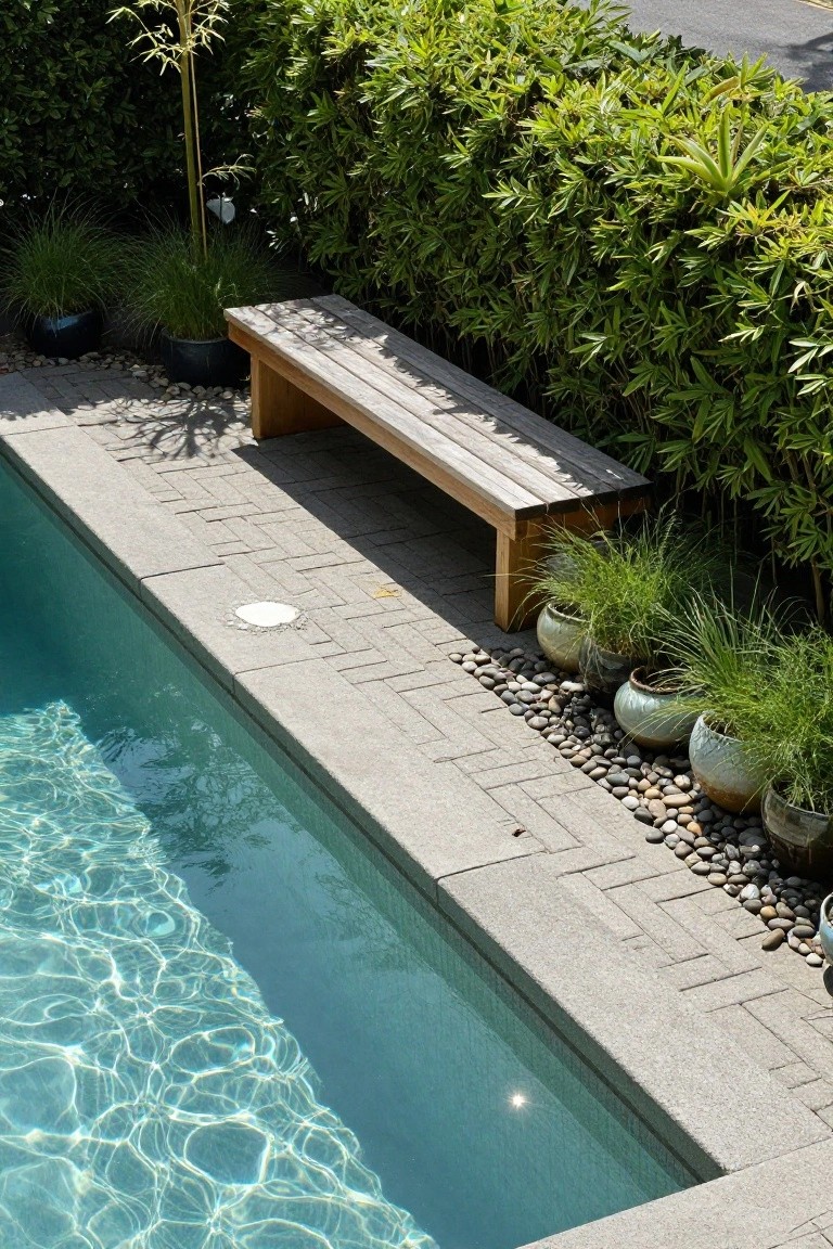 Overhead view of a turquoise pool edge with gray pebble mulch, multiple pots of tall grasses, a wooden bench on brick pavers, and a bamboo hedge backdrop.