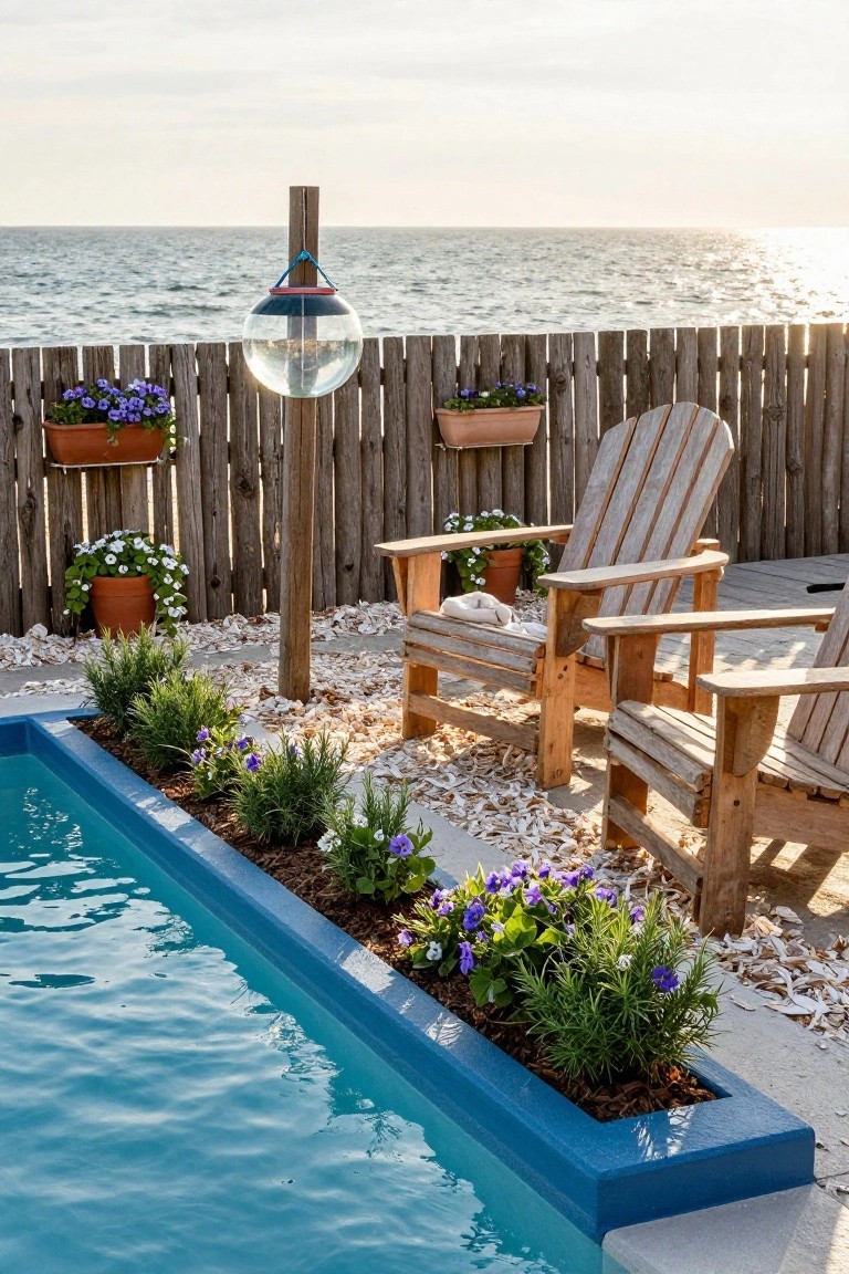 Close-up of a turquoise pool edged with a linear planter box filled with purple flowers and green herbs, flanked by weathered wooden Adirondack chairs on shell gravel groundcover, a wooden fence with hanging pots, and the ocean in the background.