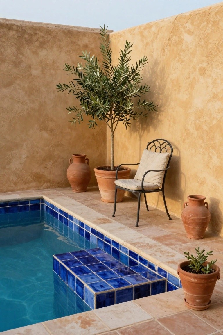 Small blue-tiled plunge pool edged in terracotta tiles, surrounded by large terracotta pots with plants including an olive tree, a wrought-iron chair with cushion, and ochre stucco walls.