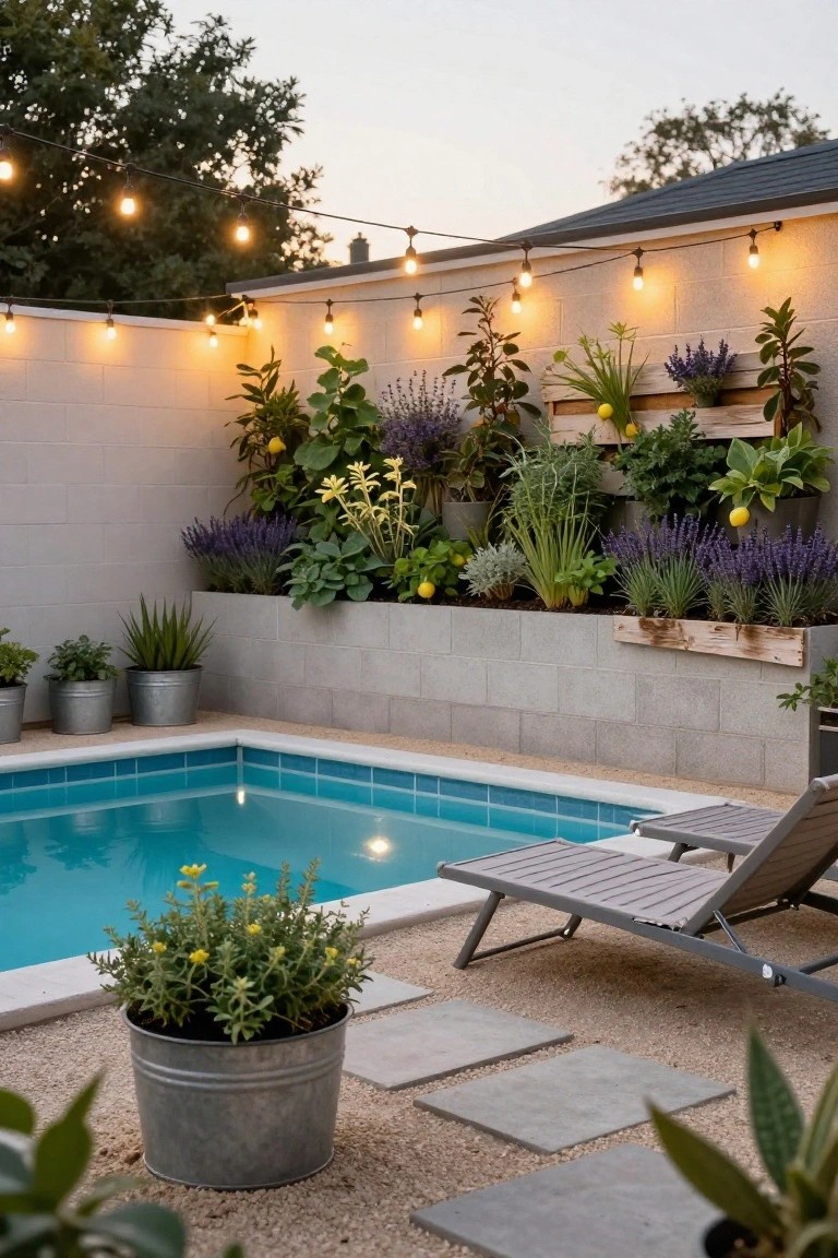 Small turquoise-tiled pool next to a tall white concrete raised planter wall filled with lavender, succulents, herbs, and lemon trees, with a gray lounge chair on gravel paving, string lights overhead, and metal bucket planters nearby.