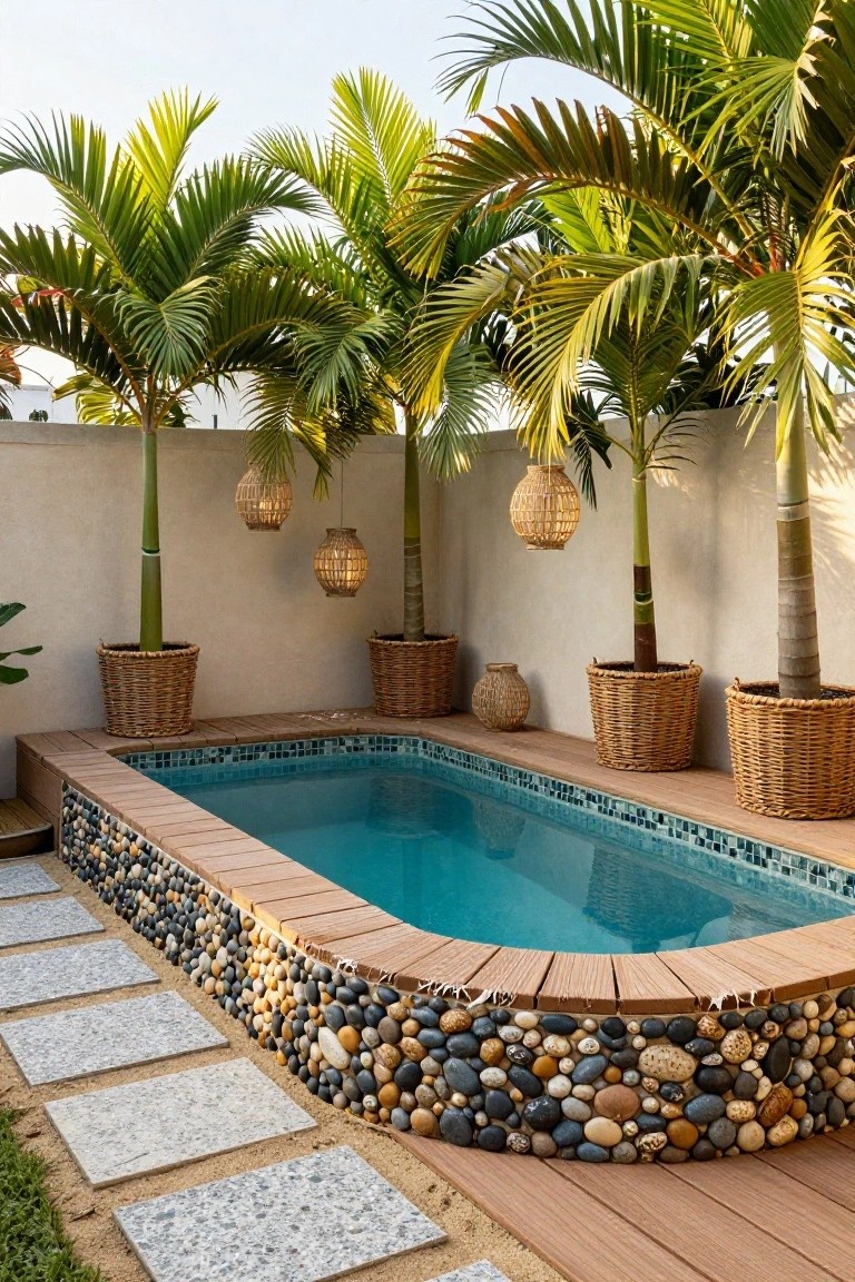 Small rectangular turquoise-tiled pool with multicolored pebble mosaic edging, wood deck surround, stone step path, potted palms in woven baskets, and hanging lantern lights against a white stucco wall.