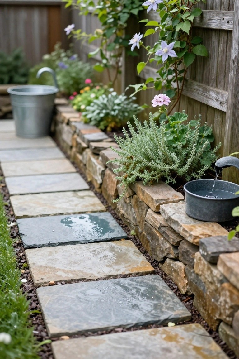 Irregular gray stone pavers form a garden path bordered by a dry-stacked stone wall planted with green shrubs, lavender, and pink flowers, with vines on a wooden fence and metal buckets near a small fountain.