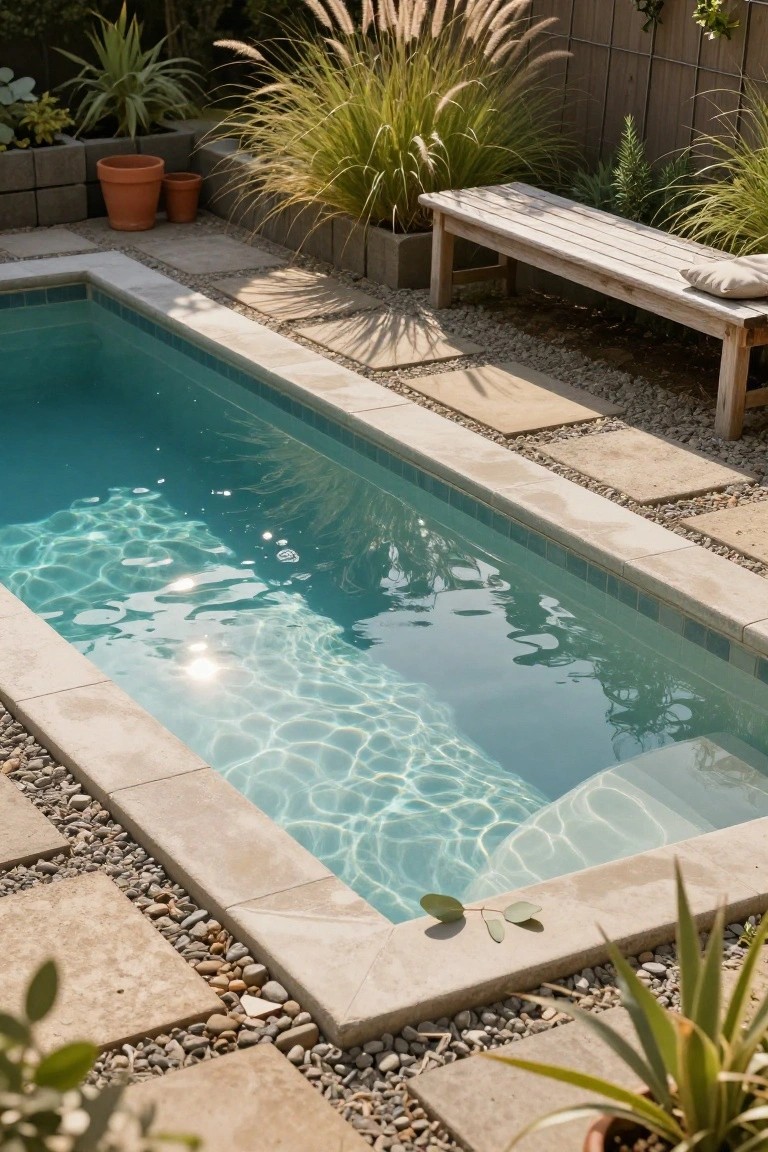 Rectangular turquoise plunge pool with beige stone coping, surrounded by pebble mulch, stone pavers, concrete block planters with grasses, potted plants, and a wooden bench in a backyard setting.