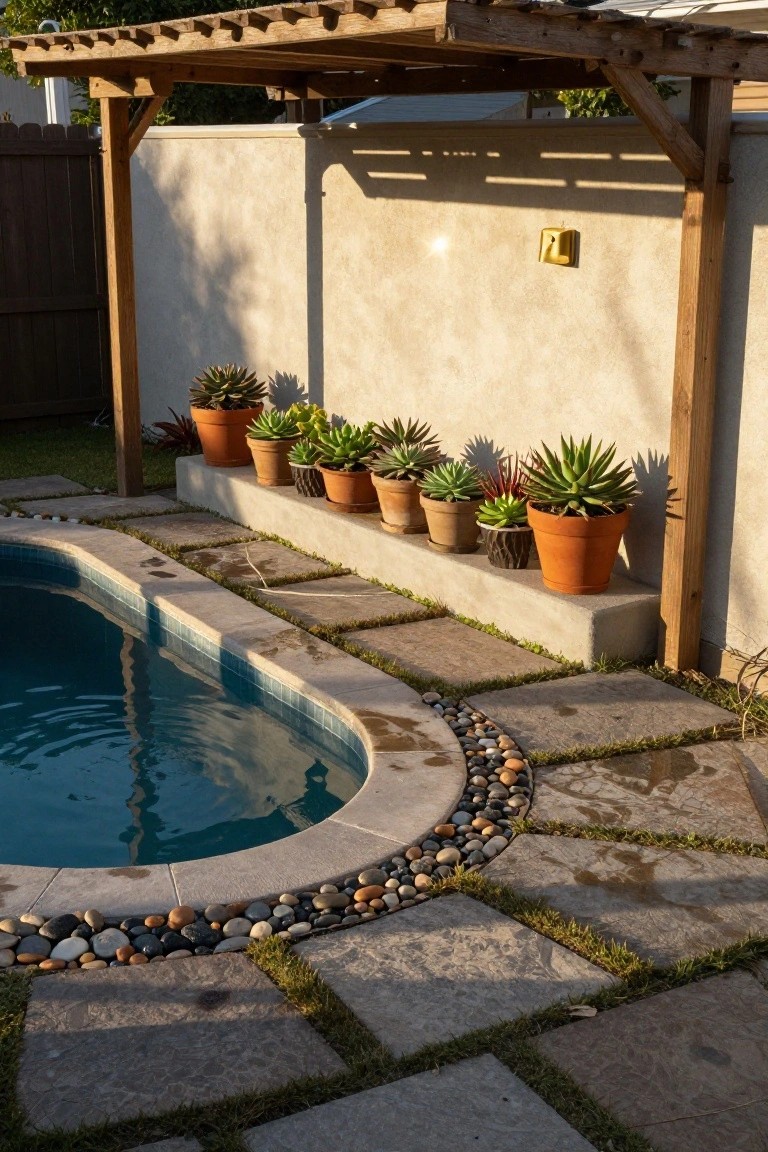 Oval-shaped swimming pool edged with pebbles and stone pavers, adjacent concrete ledge holding multiple terracotta pots of succulents against a beige stucco wall under a wooden pergola structure.