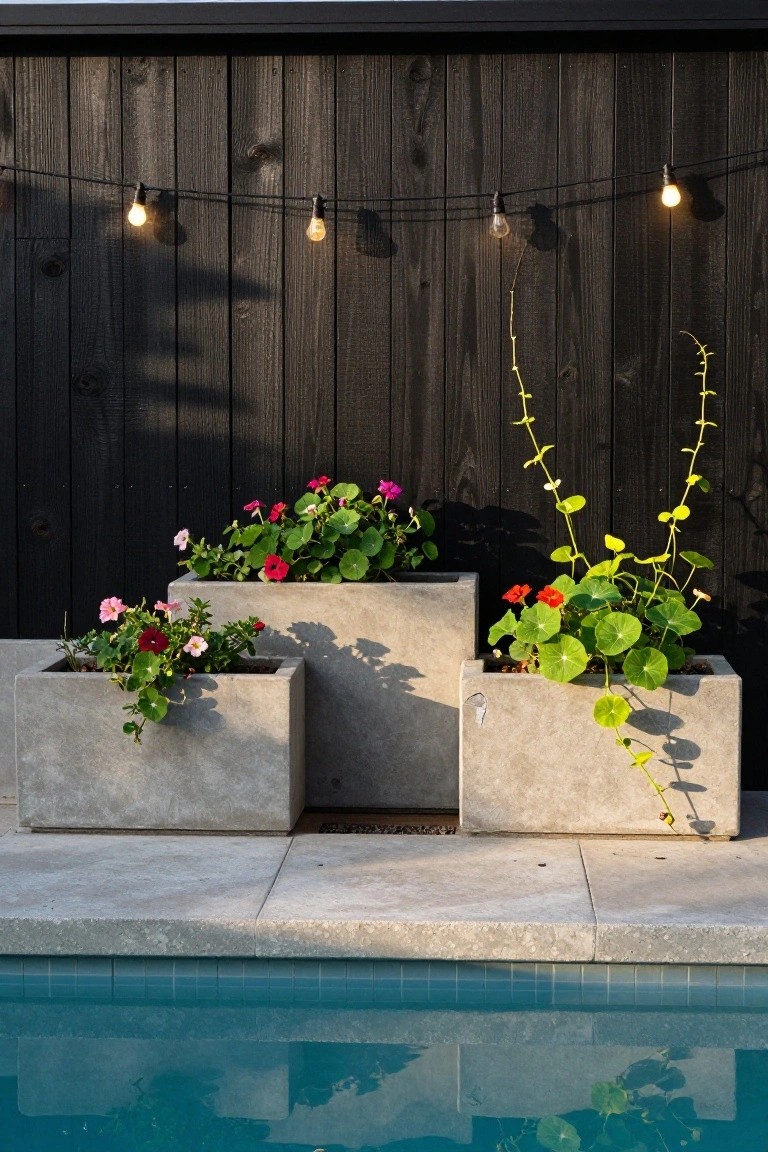 Three gray concrete planters of increasing height arranged on pavers beside a turquoise pool, filled with pink and red geraniums and trailing green vines against a black wooden fence with string lights overhead.
