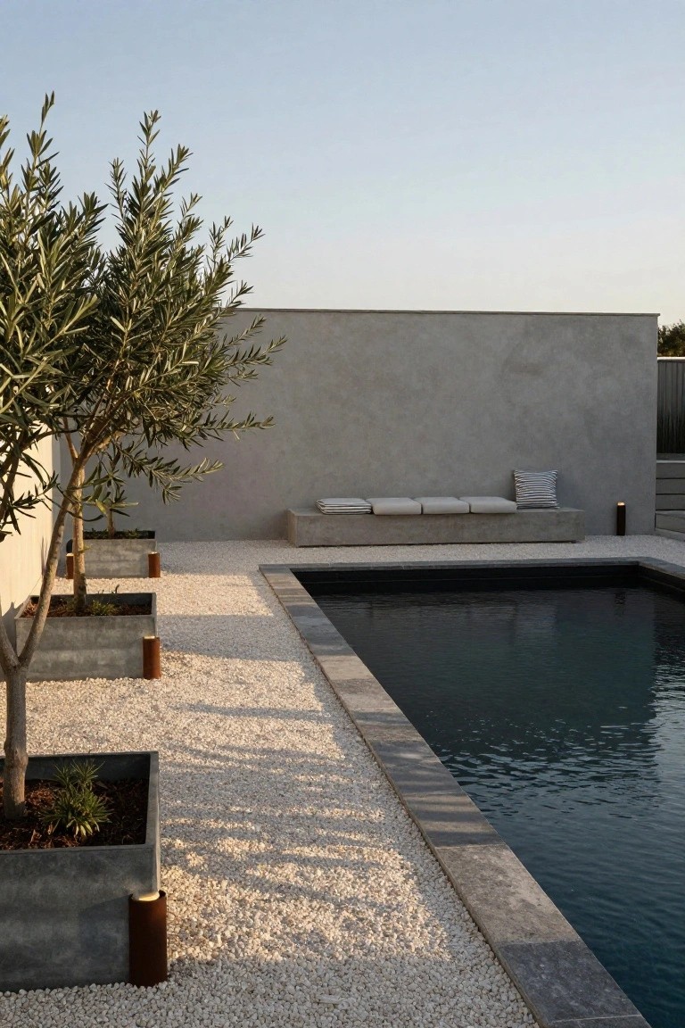 Dark pool with granite edging and white gravel path lined by olive trees in tall rectangular metal planters supported by copper cylinders, concrete bench against a tall gray wall, and potted plants nearby.