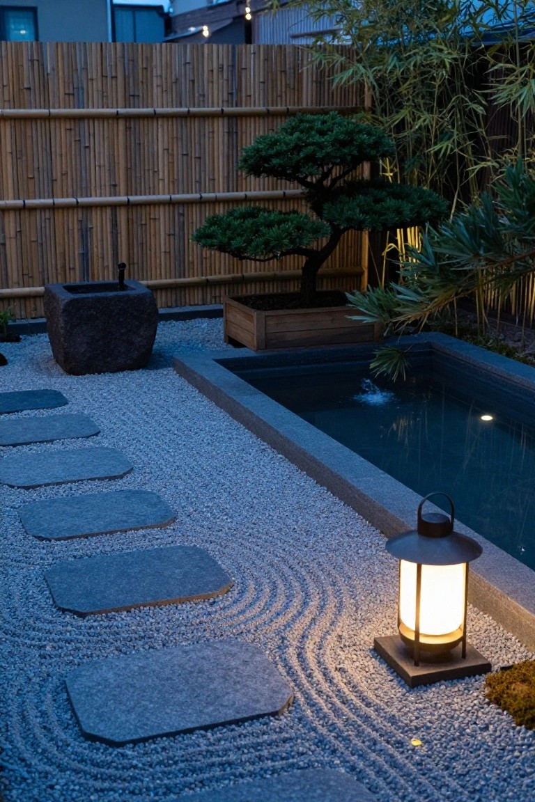 Small rectangular pool with bubbling water in a gravel garden surrounded by raked white pebbles, dark flat stepping stones, a stone lantern with light, bonsai trees, bamboo fencing, and low plants at dusk.