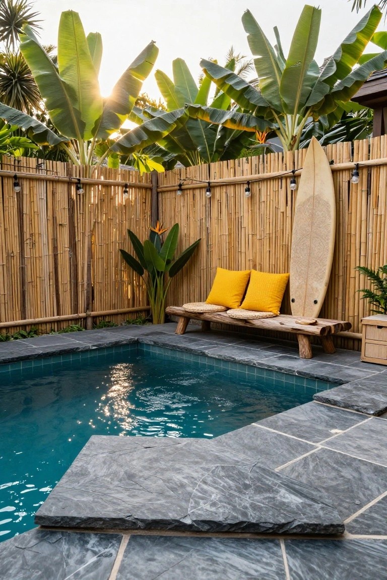 Small turquoise-tiled semi-inground pool edged in dark slate tiles, with a wooden bench, yellow cushions, surfboard, and bamboo fencing enclosing the area amid tropical plants.