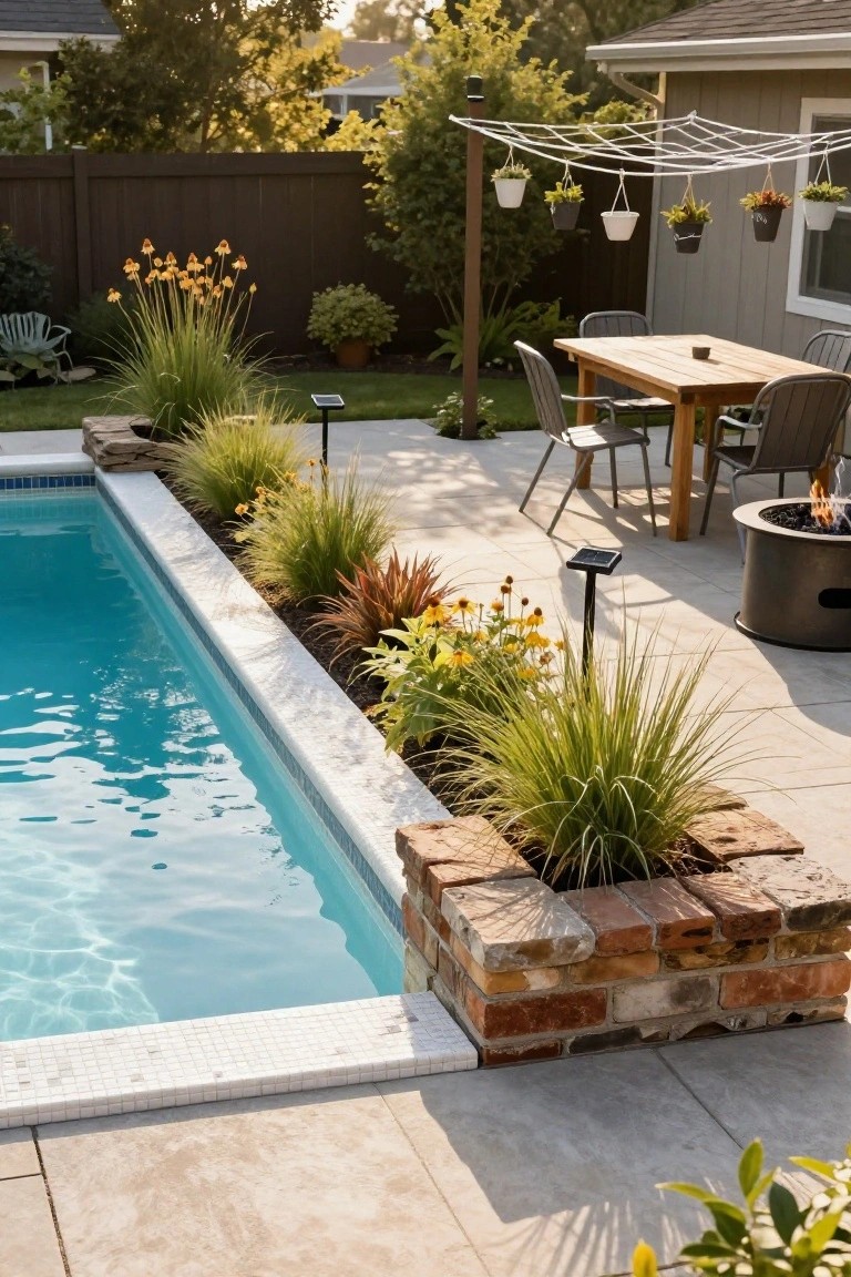 Semi-inground pool with brick retaining walls planted with grasses and flowers along the edge, adjacent paver patio with wooden dining table, metal chairs, cylindrical fire pit, solar lights, and hanging plants on a net canopy structure backed by wooden fence and trees.