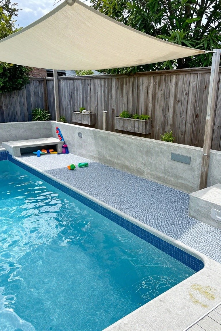 Semi-inground pool with gray concrete surround, built-in benches, colorful pool toys on the edge, non-slip decking, beige shade sail overhead, wooden fence, and potted plants in the background.