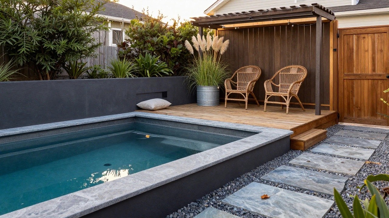 Rectangular semi-inground pool with dark liner, light gray stone coping, surrounded by wood decking and gravel, two rattan chairs under a pergola with string lights, pampas grass in a metal tub, and wooden privacy fence in a backyard.