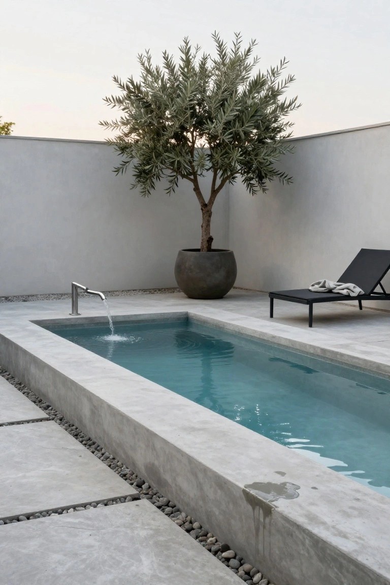 Narrow turquoise pool with water pouring from a stainless steel wall faucet, adjacent to a large potted olive tree and black reclining lounge chair with towel, set in a concrete courtyard with white walls and pebble accents.