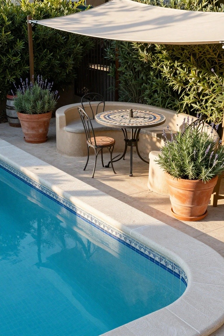Curved beige bench seating and small round mosaic table with black metal chair and frame on tiled pool deck edged in stone, surrounded by large terracotta pots of lavender and rosemary under beige shade sail next to blue pool.