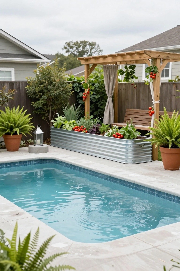 A small turquoise semi-inground pool surrounded by pavers, with a large corrugated galvanized metal planter box filled with tomatoes, herbs, and greens positioned next to it, flanked by ferns in pots, a wooden pergola with bench and draped fabric, and a lantern on a concrete base.