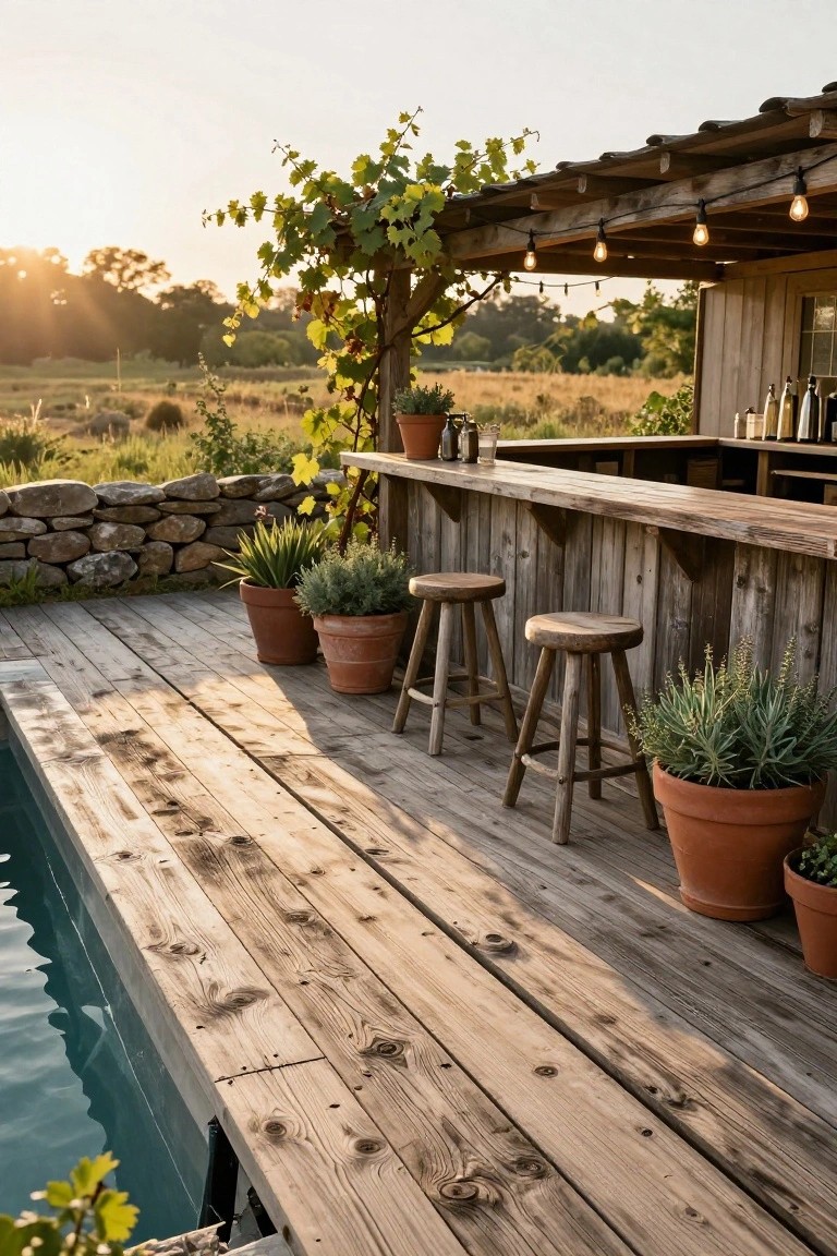 Rustic wooden bar counter with two stools on a pool deck next to a semi-inground pool, under a pergola covered in grape vines and string lights, surrounded by potted plants and stone walls.