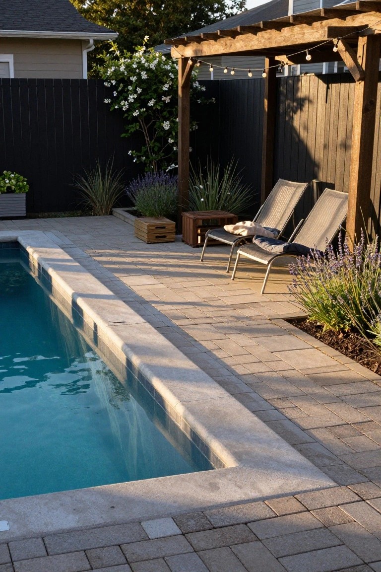 Semi-inground pool with turquoise water and white stone coping, surrounded by light gray paver patio leading to two gray lounge chairs under a wooden pergola with string lights, flanked by lavender plants and a black wood fence.