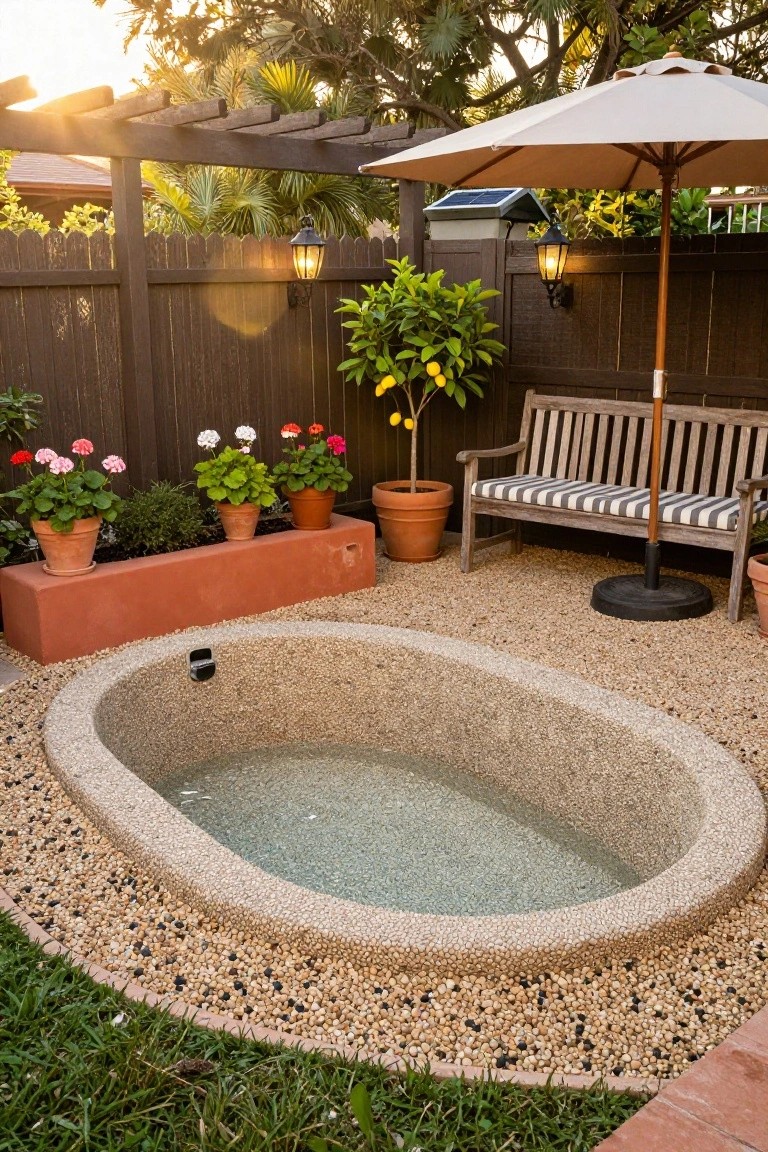 Oval semi-inground pool with gray pebble finish surrounded by gravel ground cover, red clay planters with flowers, wood bench with striped cushion, beige umbrella, and backyard fencing.
