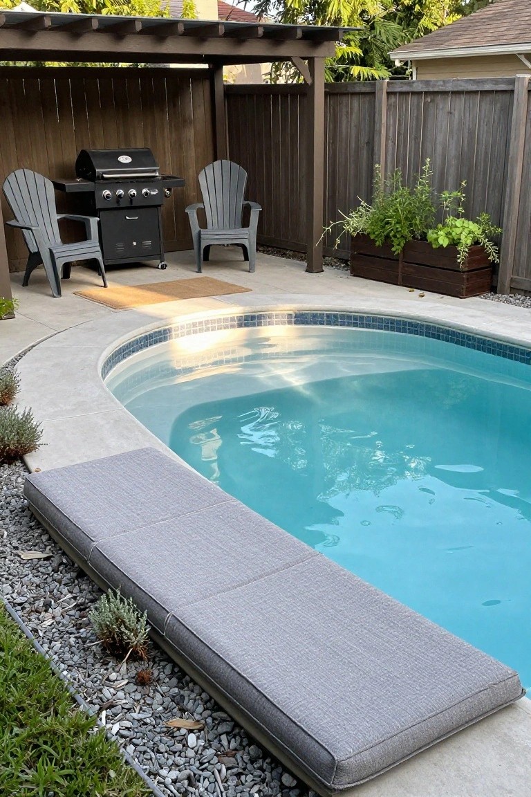 Curved semi-inground pool with turquoise water and tiled edge, surrounded by light gray concrete deck with long gray cushioned lounger, adjacent to patio area with black gas grill, two gray Adirondack chairs, wooden pergola, and potted plants.