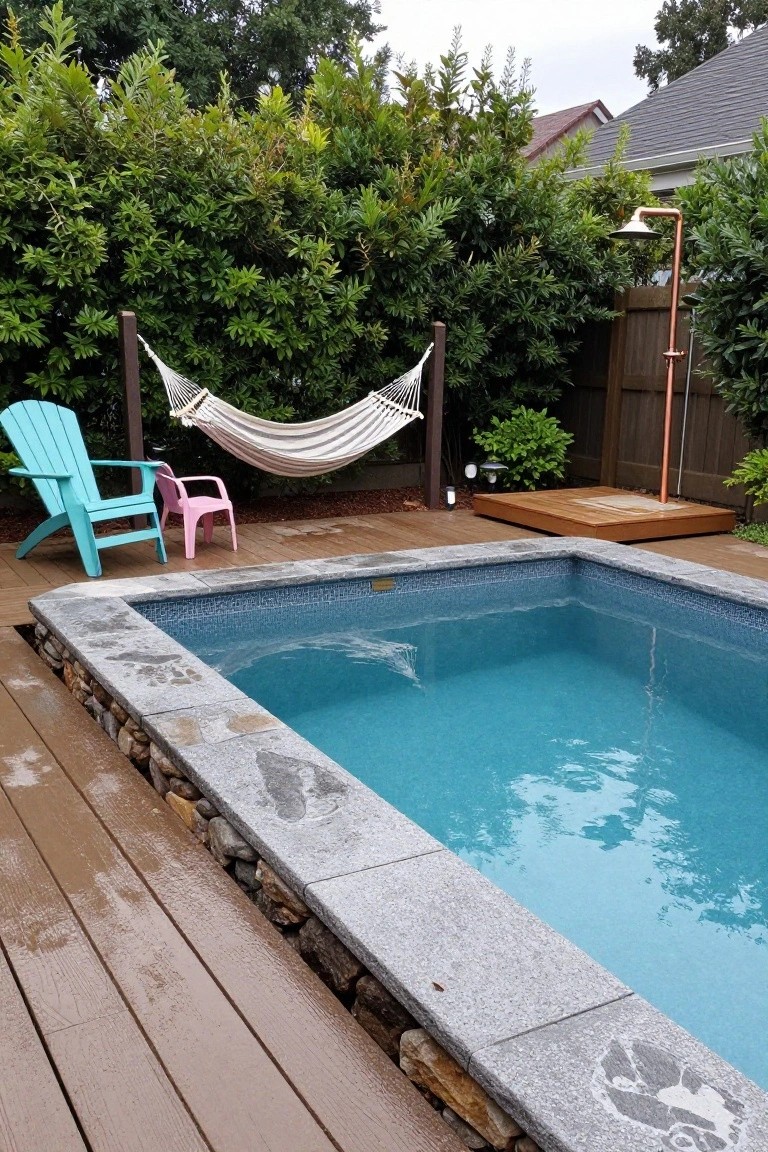 Small rectangular semi-inground pool with gray stone edging and turquoise tiled interior, surrounded by wooden decking, rocks, a hammock, turquoise adult chair, pink child chair, and greenery in a backyard setting.