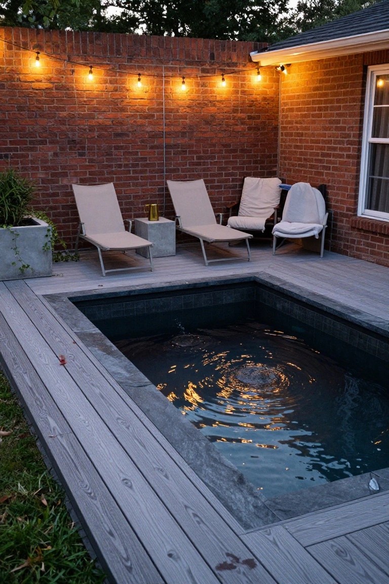Small rectangular pool with dark tiles embedded in a corner of a gray wooden deck, flanked by beige lounge chairs on concrete bases, string lights along a brick wall, and a house corner visible nearby.