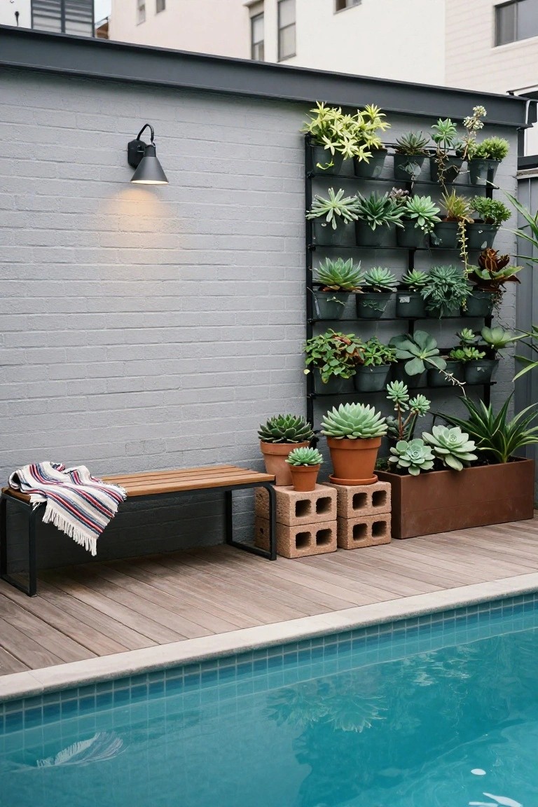Gray brick wall with black metal vertical shelves holding various potted succulents, wooden bench draped with colorful striped blanket in front, potted plants on stacked cinder blocks nearby, wooden deck bordering blue tiled semi-inground pool.