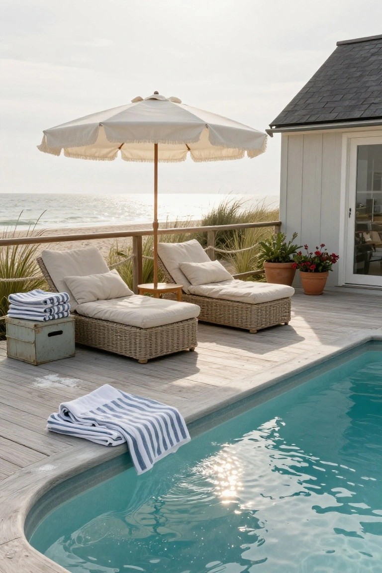 Wooden deck beside a curved semi-inground pool with rattan loungers, towels, umbrella, beach grass railing, small white pool house, and ocean view.