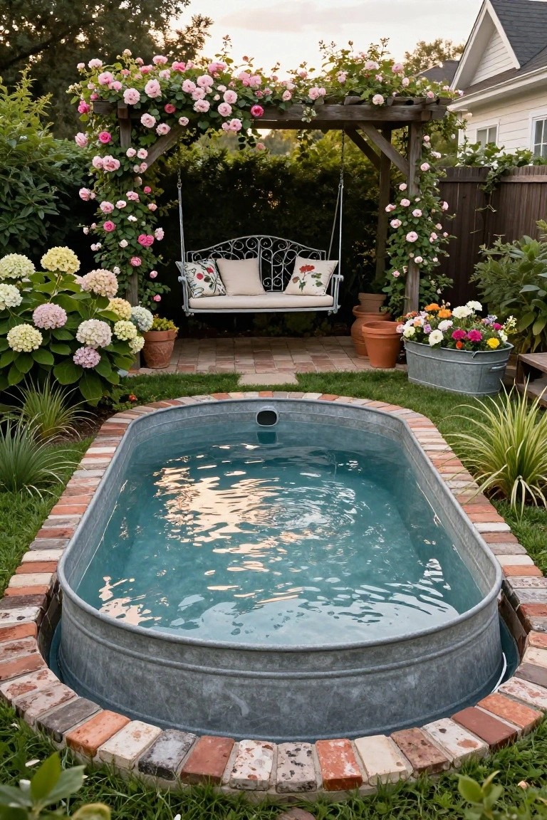 Oval galvanized stock tank pool partially sunk and edged with assorted bricks in a backyard garden surrounded by hydrangeas, potted plants, pink climbing roses on a pergola with swing, and grassy areas.
