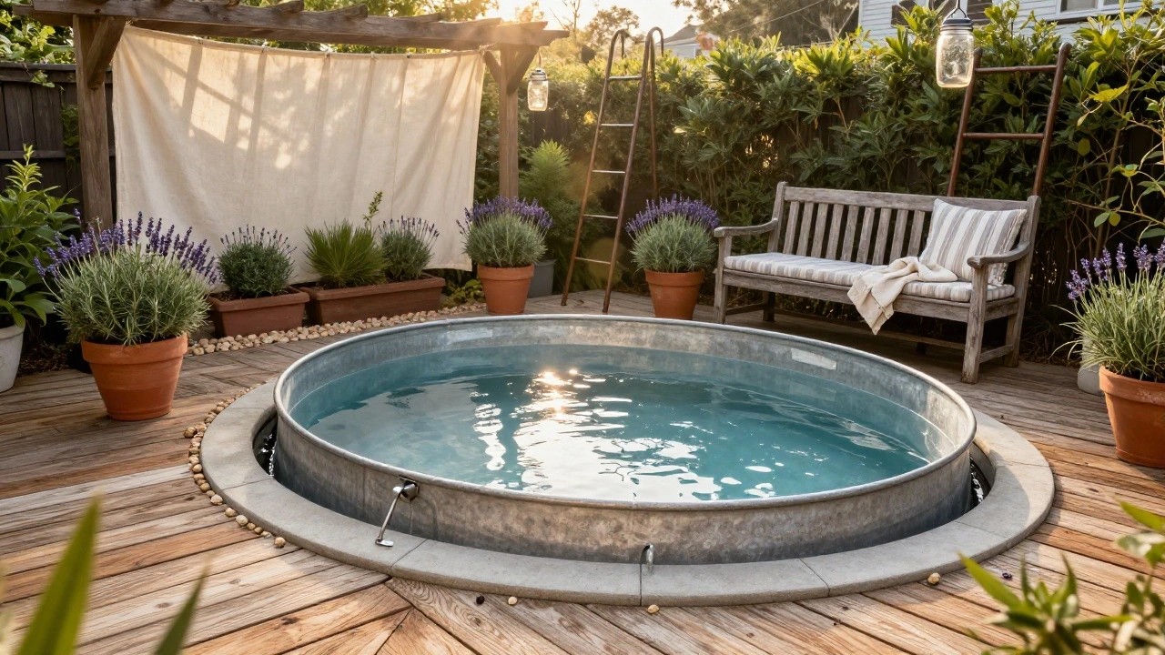 Galvanized stock tank pool on a wooden deck in a backyard, with metal ladder, wooden bench with striped pillow, wooden stool draped with white towel, several potted lavender plants, gravel patches, and pergola with draped beige fabric overhead.