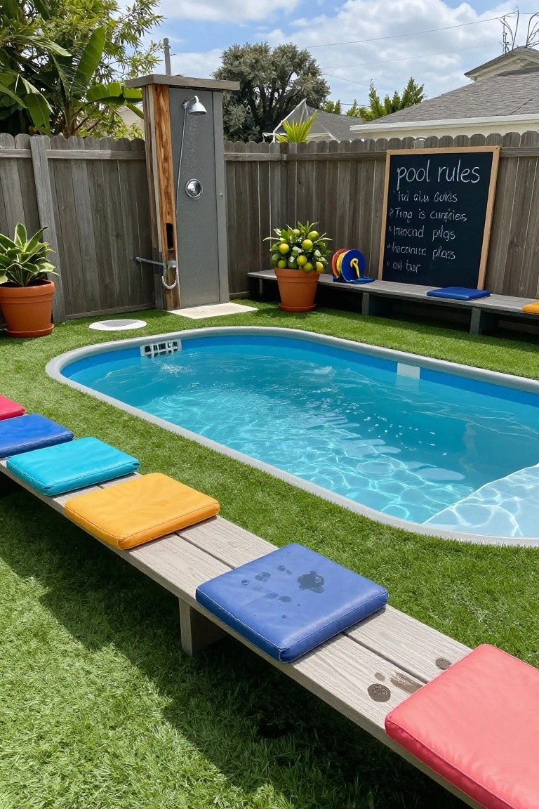 Oval turquoise stock tank pool in a backyard surrounded by artificial grass, with a long wooden bench along one side covered in colorful cushions, potted plants, an outdoor shower enclosure, and a pool rules chalkboard sign on a wooden fence.